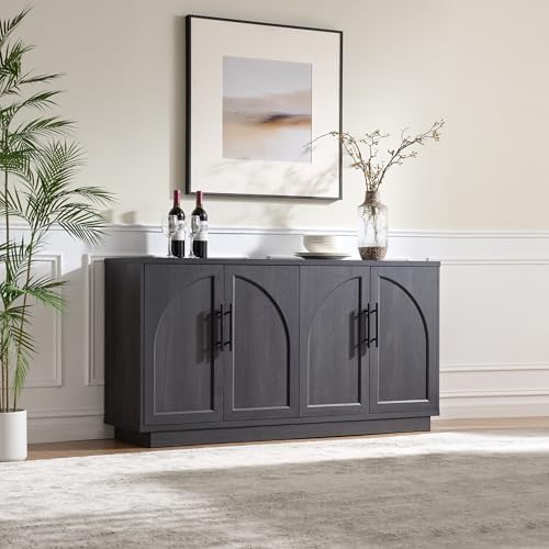Fatmok Modular Coffee Bar with LED Lighting,Charging Station,Arched Wooden Buffet Sideboard,Modern Liquor&Wine Display Storage Cabinet for Living Room,Black Grey(FA,2-Piece) - Image 5