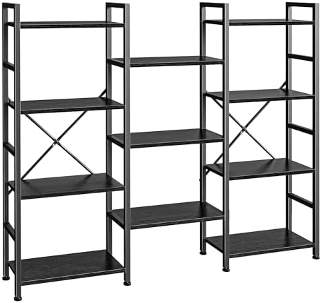 SUPERJARE Triple Bookshelf, Bookcase with 11 Open Display Shelves, Wide Book Shelf Book Case for Home & Office, 4 Tier, Black by SUPERJARE