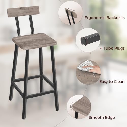 MAHANCRIS Bar Stools, Set of 2 Bar Chairs with Backrest and Footrest, 26" Breakfast Chairs, Counter Stools for Bar, Living Room, Kitchen, and Dining Room, Greige BAHG05101 - Image 4