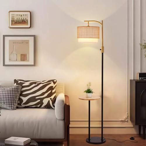 Dimmable Floor Lamp with Table and Marble Base, Arc Floor Lamp with Bulb, Boho Farmhouse Standing lamp with Fabric & Bamboo Shades for Living Room Bedroom - Image 3