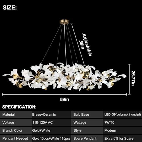 59 Inch White Rectangle Chandelier Gold Ceramic Ginkgo Leaf Chandeliers Brass Large Chandelier Modern Hanging Lights Fixture for Living Room Dining Room Kitchen Island,10-Light - Image 2