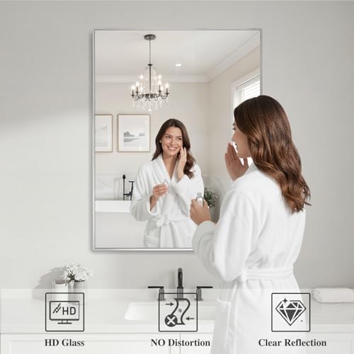 Koonmi Silver Rectangle Wall Mirror, 30x36 Inch Bathroom Mirror, Aluminum Frame Vanity Mirror for Entryway, Living Room, Bedroom Bathroom, Hangs Horizontally or Vertically - Image 3