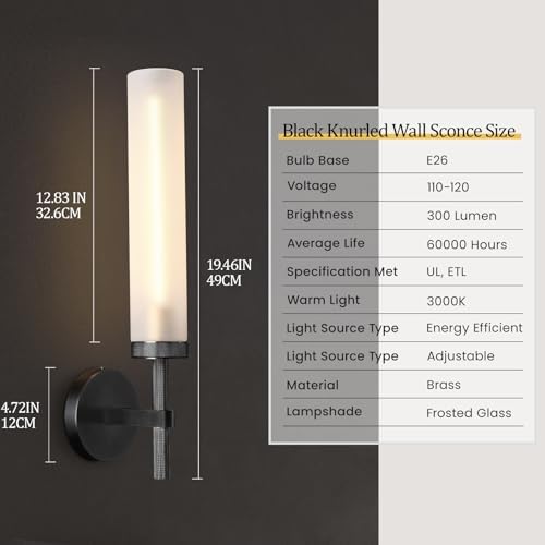 Black Knurled Wall Sconce, 20" Bathroom Wall Sconce 2Pc, Glass Tube and Brass Wall Sconces Lighting, Wall Light Mirror Sconces,Vanity Sconce Lights for Bath, Bedroom, Living Room, Hallway - Image 5