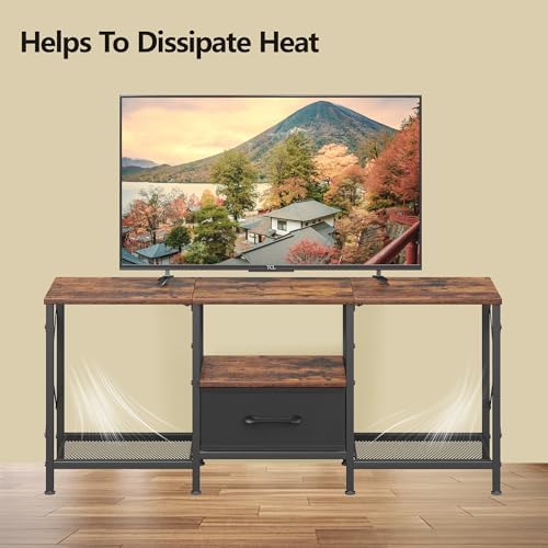 JARHETUN TV Stand with Fabric Drawer, Entertainment Center for 50 55 Inch TV, Industrial TV Console Table with Open Storage Shelves for Living Room, Bedroom, Rustic Brown - Image 6