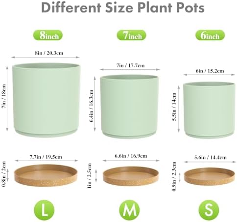 Meowell 8/7/6 inch Plant Pots, 3 Pack Cylinder Flower Pots for Outdoor Indoor Plants, Decorative Plastic Planters with Drainage Holes and Saucers for Garden House Plants, Green with Brown - Image 2