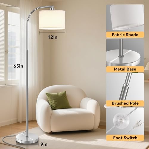 Tall Floor Lamp for Living Room,65'' Modern Standing Lamps Dimmable with Fabric Shade (Silver-3color) - Image 5