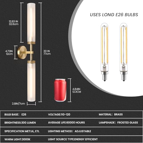 2Pc 30" Knurled Black 2 Light Wall Sconces, Long Modern Hardwired Bathroom Vanity Light, Frosted Glass Tube Linear Modern Wall Light Fixtures, for Mirror, Bedroom, Living Room, Hallway - Image 3