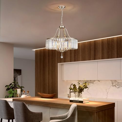 Modern Crystal Chandeliers Round 6-Light Large Brushed Nickel Pendant Lighting Fixture for Dining Room Living Room Kitchen Island Bedroom Hallway 21.7" Adjustable Height Hanging Lamp - Image 2