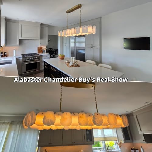 Alabaster Chandelier, 58 Inch Modern Rectangular Chandelier for Dining Room, Dimmable Linear Chandeliers for Kitchen Island, Natural Spanish Marble Stone Chandeliers for Dining Table, Living Room - Image 3
