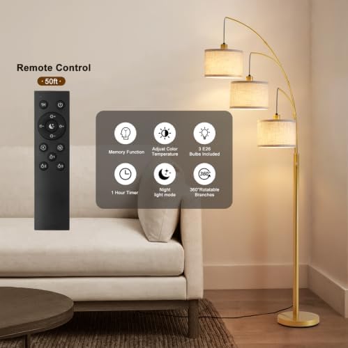 Dimmable Floor Lamp with Remote, Beige Shade Gold Pole - Image 3