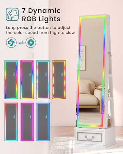 Vlsrka LED Mirror Jewelry Cabinet with Lights, 360° Swivel, White - Image 3