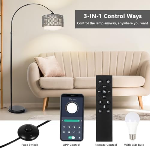 Boho Floor Lamps for Living Room, Arc Floor Lamp for bedroom with Remote and Dimmable Bulb, Over Couch Standing Lamp, Farmhouse Tall Lamp with 3 Color Temperatures, Height Adjustable Corner Floor Lamp - Image 5