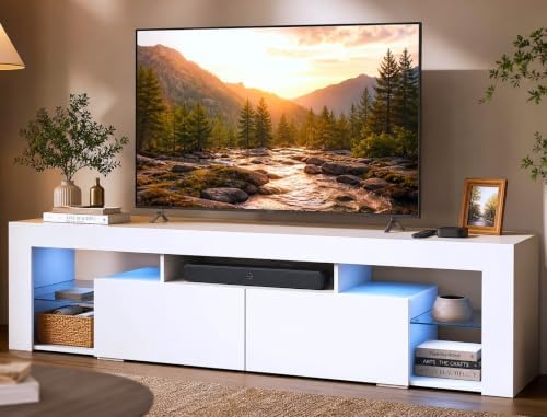 WLIVE 63 Inch TV Stand for 55/65/70 Inch TVs, Modern Entertainment Center with 20 LED Lights & 2 Large Storage Drawers, Media Console Table, Gaming Television Stands for Living Room, Bedroom, White - Image 2
