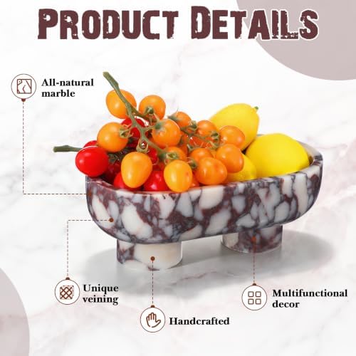 Junkin 10 Inch Natural Calacatta Viola Marble Fruit Bowl for Kitchen Counter, Two Legged Oval Decorative Marble Serving Tray for Dining Table Home Decoration, Luxury Entryway Catchall Stone Organizer - Image 4