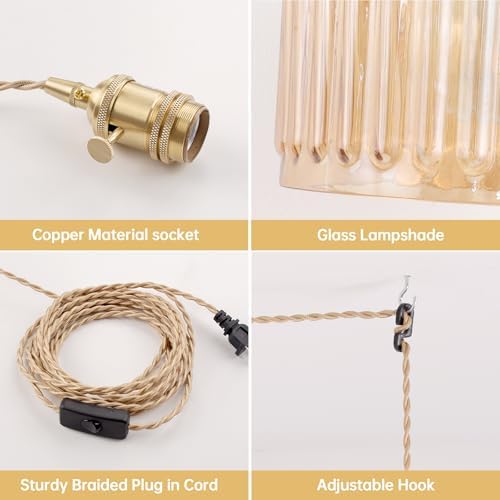 Shenmoyl Plug in Pendant Light Hanging Light Fixtures with Plugin Cord On/Off Switch,Amber Striped Glass Lampshade Brass Pendant Light - Image 5