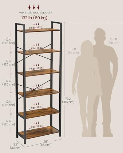 VASAGLE 6-Tier Bookshelf, Bookcase with Steel Frame, Book Shelf for Living Room, Home Office, Study, 11.8 x 26 x 73.2 Inches, Industrial Style, Rustic Brown and Ink Black ULLS062B01 - Image 3