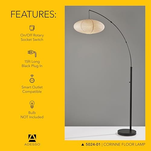 Adesso Floor Lamp, Black & Off-White Paper, Overhead Light, 80” - Image 5