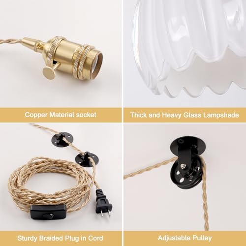 Shenmoyl Plug in Pendant Light Hanging Light Fixture Corded On/Off Switch Brass Pendant Light with White Tulip Glass Lampshade for Bedroom Living Room Kitchen Island - Image 5