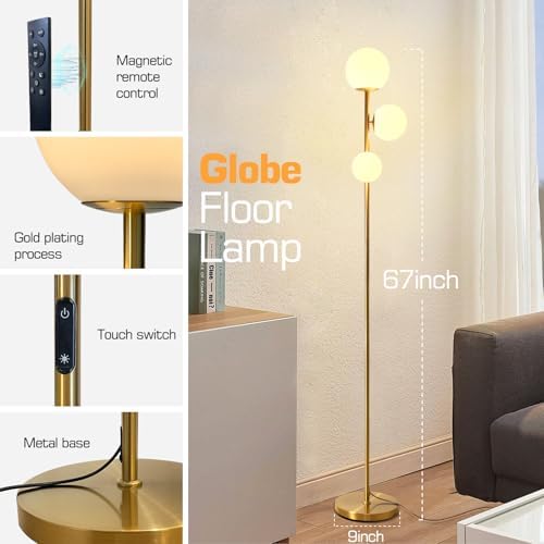 Mid Century Gold Floor Lamp – Dimmable, Remote & Touch, 3-Light - Image 4