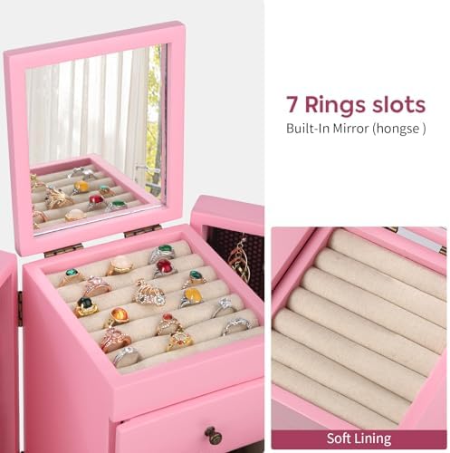 Meangood Jewelry Box Wood for Women, 5-Layer Large Organizer Box with Mirror & 4 Drawers for Rings, Earrings, Necklaces, Pink - Image 3
