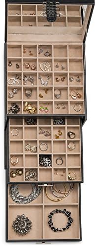 Glenor Co Earring Organizer Holder - 75 Small & 4 Large Slots Classic Jewelry Box with Drawer & Modern Closure, Mirror, 4 Trays Earrings, Ring or Chain Storage - PU Leather Case - Black - Image 4