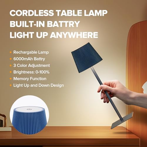LUTEC 4 Pack Cordless Table Lamp,6000mAh Rechargeable Battery Operated Desk Lamp,Two Adjustable Heights,Waterproof, Touch Control & 3 Color Stepless Dimming for Restaurant/Bedroom/Bars/Outdoor (Blue) - Image 3