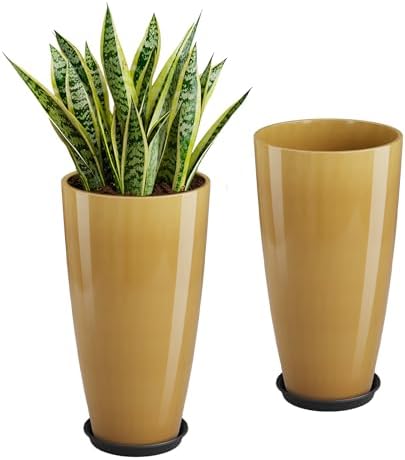QCQHDU 21 inch Tall Planters for Outdoor & Indoor Plants, 2 Pack Sturdy Plant-Flower-Tree Pots for Front Porch Patio Deck Living Room Decor, Golden by QCQHDU