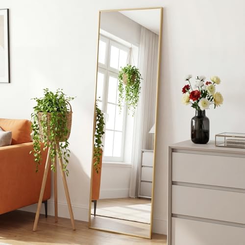 DUMOS Full Length Mirror for Bedroom, 56"x15" Full Body Mirror with Stand, Hanging or Leaning for Wall, Aluminum Alloy Thin Frame Floor Standing for Living Room, Long, Gold by DumosLifestyle