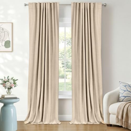 Faux Linen Total Blackout Curtains for Bedroom 90 Inch Long Natural Flax by 100BlackoutShield