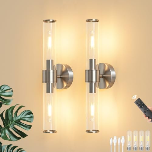 Brushed Nickel Battery Operated Wall Sconces Set of 2 with Remote by Morauroral