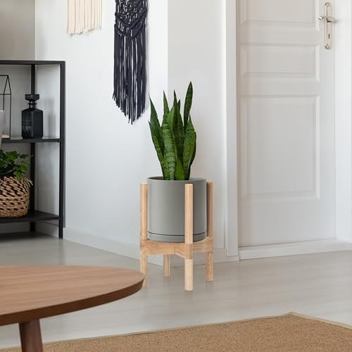 D'vine Dev Ceramic Pot with Natural Wood Stand, Grey, 8 in, 55-B-N-3 - Image 2