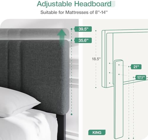 Novilla King Size Bed Frame with Adjustable Headboard Platform King Bed Frame Linen Fabric Upholstered Headboard, No Box Spring Needed, Wooden Slats Support, Easy Assembly, Dark Grey - Image 5