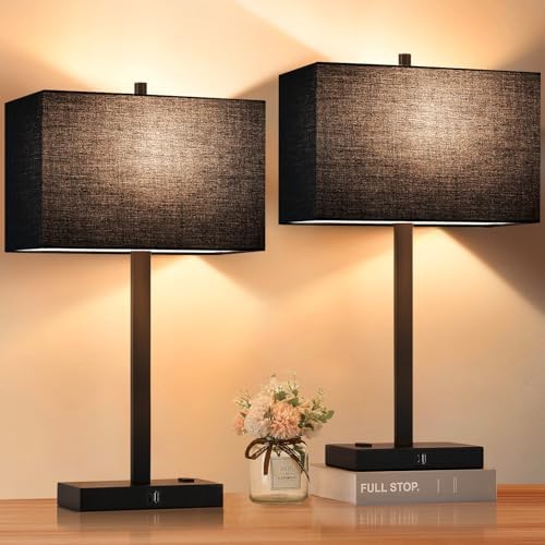 21" Touch Bedside lamps with 2 USB & AC Outlets, 3-Way Dimmable Bedside Table Lamps Set of 2 for Bedroom Living Room Office Reading, Black Shade Lamps for Night Stands, 2700K LED Bulbs Included by BringBrightnesstoYourLife