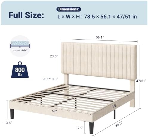 Allewie Full Bed Frame, Upholstered Platform Bed with Adjustable Vertical Channel Tufted Headboard, Mattress Foundation with Strong Wooden Slats, Box Spring Optional, Easy Assembly, Chenille White - Image 2