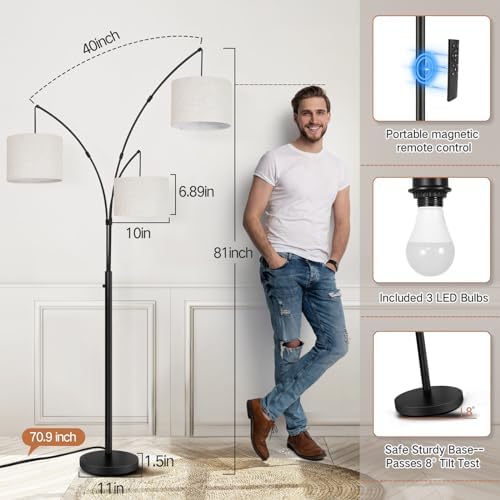 OUTON Arc LED Floor Lamp with Remote Control, Dimmable Modern Black 3 Light Arched Tall Floor Lamp, Mid Century Adjustable Standing Corner Lamps for Bedroom, Office, Living Room, Beige Lampshade - Image 5