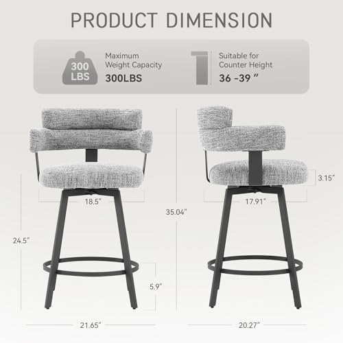 Counter Height Bar Stools with Full Back – Swivel Counter Stools Set of 2 with Linen Padded Back, Metal Footrest, Modern Barstools for Kitchen Counter, Island, Dining Room, Grey 24 inch - Image 2