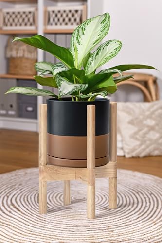 D'vine Dev Ceramic Pot with Natural Wood Stand, Black/Tan, 8 in, 55-B-N-7 - Image 4