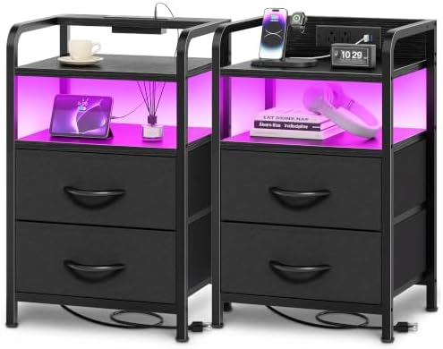 Huuger Nightstands Set of 2, Night Stand with LED Lights, Charging Station by Huuger