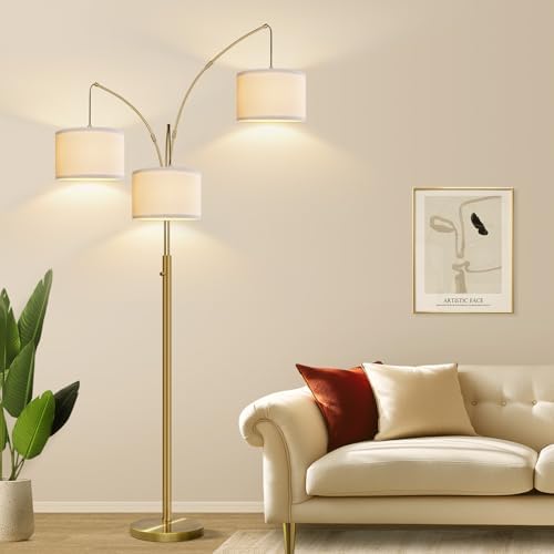 Dimmable Floor Lamp, 3 Lights Brass Arc Floor Lamp, Modern Tall Standing Tree Lamp with Beige Linen Shades & Heavy Base, 3000LM LED Bulbs, Bright Lighting for Living Room, Bedroom, Office & Reading by Nintiue