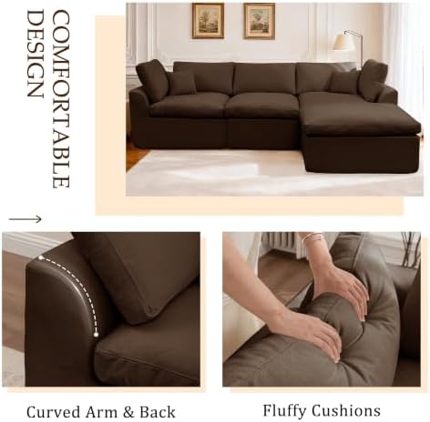 Korser 110" Cloud Sectional Couches for Living Room, Modern Modular Sectional Sofa with Ottoman, Boneless Cloud Couch with Comfy Deep Seats, Fluffy Chenille L-Shape Sofa Couch for Living Room, Brown - Image 5