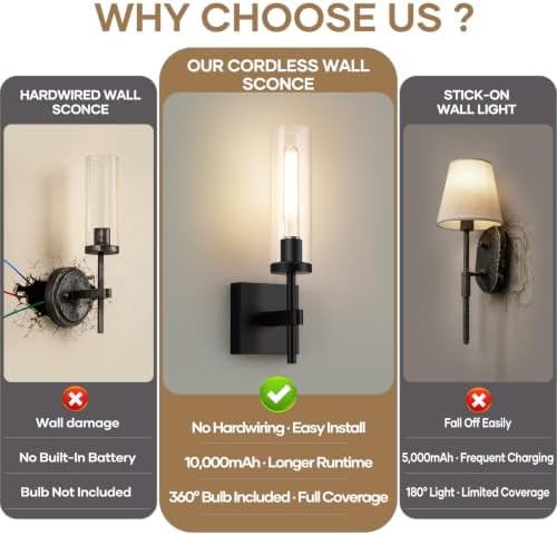 Wireless Battery Operated Wall Sconces with Remote Control, 10000mAh Wall Sconce Set of 2, Black Rechargeable Dimmable Wall Lamps for Bedroom Living Room Bathroom Hallway Stairwell, 3000K - Image 2