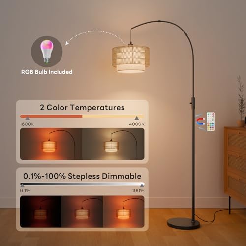 Boho Rattan Arc Floor Lamp, 71" RGB Color Changing, 3-in-1 Shade - Image 3