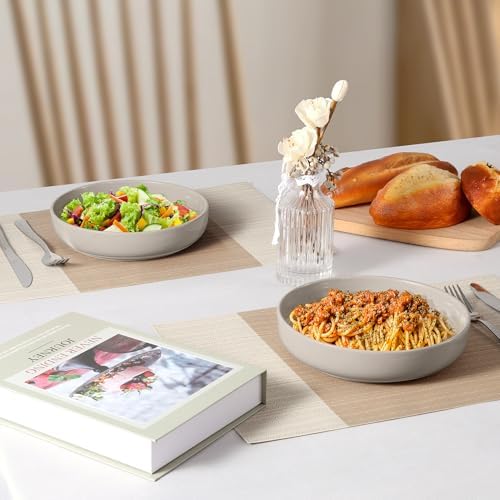 LIANYU Pasta Bowls Set of 4, 33oz Stoneware Salad Serving Bowls, Large and Round Pasta Plates for Dinner, Dishwasher & Microwave Safe, Milky Brown - Image 5