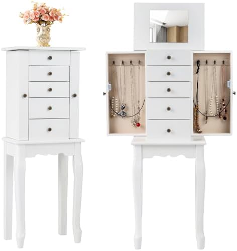 Giantex Standing Jewelry Armoire Cabinet with 4 Drawers, Flip Top Mirror, Top Storage Compartments, 2 Side Doors with 8 Necklace Hooks, Freestanding Jewelry Organizer Box Chest (White) by Giantex