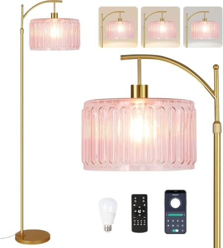 ILLMTW Pink Floor Lamp for Living Room,Bedroom,Gold Dimmable Standing Lamp with Remote,Mid Century Modern Brass Tall Lamp Boho Floor Lamps Arc Stained Glass Flower Floor Light Lamp Girls kids Bohemian by IlluminateTheWorld