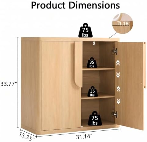 31.14'' Sideboard Buffet Cabinet W/Storage, Modern Accent Cabinets W/Curved Handles & Adjustable Shelves, 2 Doors Coffee Bar Buffet Table Credenza for Living Room Kitchen Hallway, Natural Oak - Image 3