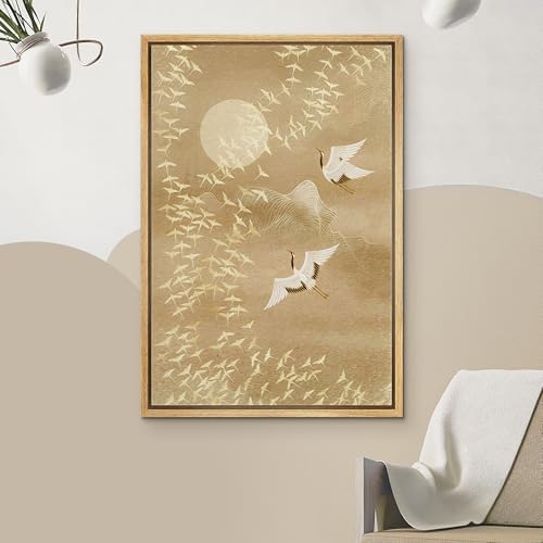 NWT Framed Canvas Print Wall Art Watercolor Crane Birds Flying Nature Wilderness Illustrations Modern Art Decorative Landscape Rustic Zen Colorful for Living Room, Bedroom, Office - 16"x24" Natural - Image 3