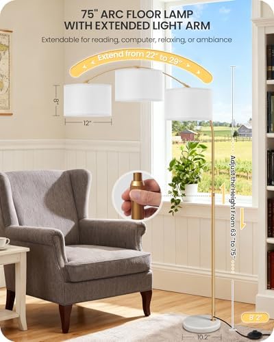 75" Dimmable Gold Arc Lamp with Marble Base, Adjustable Height, White Shade - Image 3