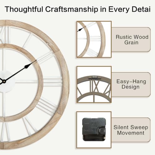 30 Inch Oversized Rustic Wall Clock Silent Non-Ticking Wooden Wall Clocks with Roman Numerals Farmhouse Decorative Clock for Living Room Bedroom Office (Light Lvory) - Image 4