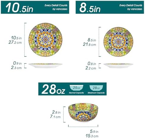 vancasso 12 Pieces Dinnerware Sets, Green Plates and Bowls Set, Porcelain Dishes Set for 4, Microwave and Dishwasher Safe, Scratch Resistant, Bohemian Style Dining Ware Service for 4, Series SIMI - Image 2